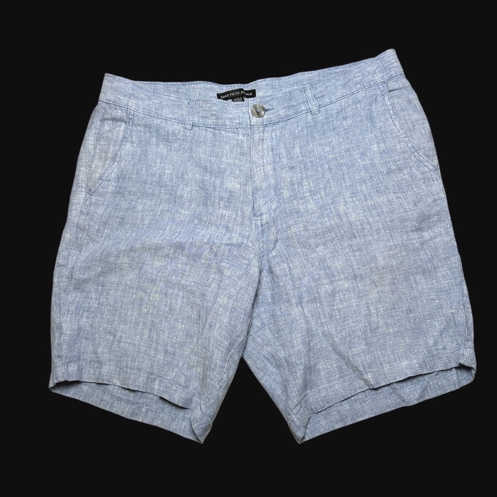 Saks Fifth Avenue Mens Blue 100% Linen Flat Front Shorts Size 34 Summer Casual